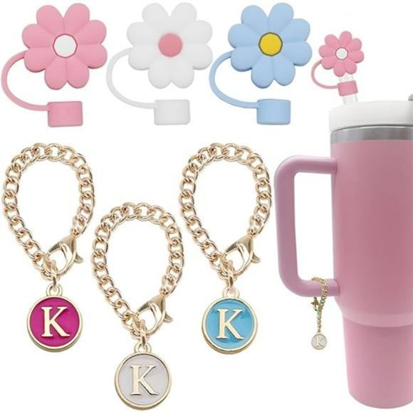 Stanley Cup Accessories 6 PC Straw Covers and Letter Charm Chain Gift for Her - Picture 1 of 7